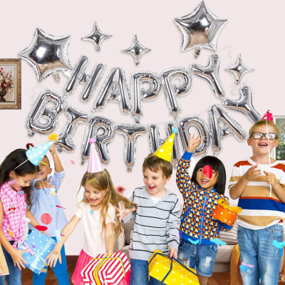 Silver Happy Birthday letters Balloon 16 inch Polyester Film Letter  Party Decoration Supplies
