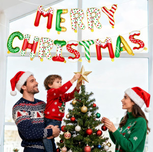 Tellpet Merry Christmas Letter Balloons Banner, Christmas Backdrops for Photography, Red and Green