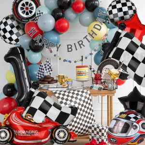 Racing balloons, tire balloons, checkered flag balloons, helmet balloons, party decorations