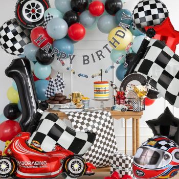 Racing balloons, tire balloons, checkered flag balloons, helmet balloons, party decorations