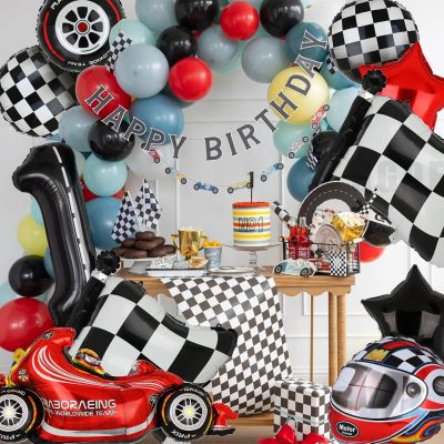 Racing balloons, tire balloons, checkered flag balloons, helmet balloons, party decorations