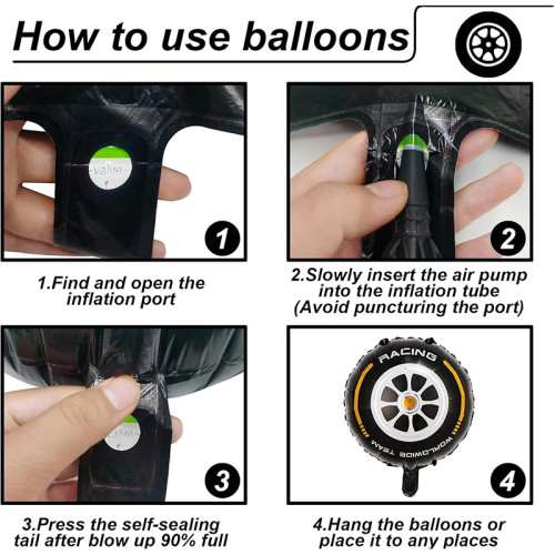 Racing balloons, tire balloons, checkered flag balloons, helmet balloons, party decorations