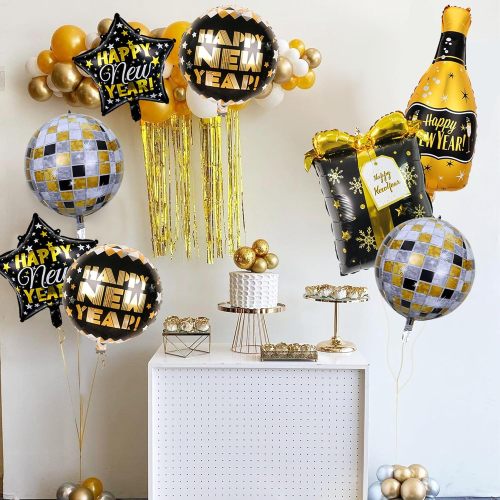 Happy New Year! Aluminum foil balloons, wine bottles, New Year's party decorations