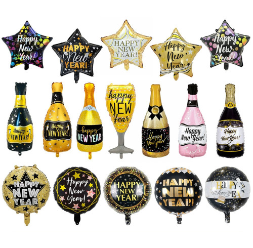 Happy New Year! Aluminum foil balloons, wine bottles, New Year's party decorations