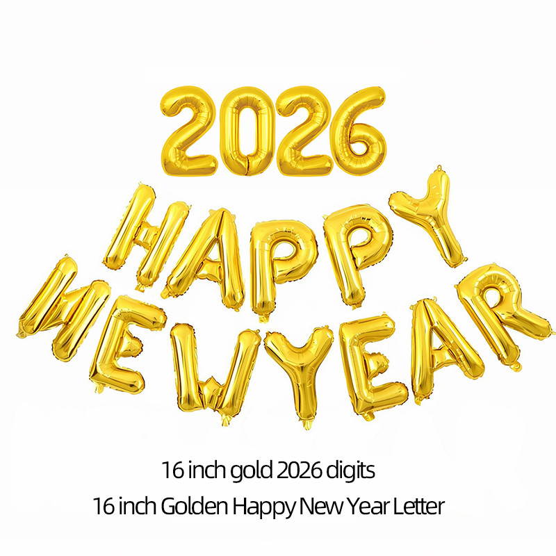 Golden Happy New Year Balloon, 16 inch  New Year foil letter balloon, New Year's  party decorations