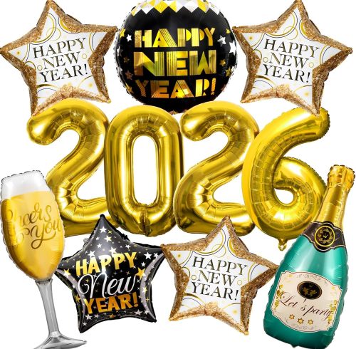 Happy New Year! Aluminum foil balloons, wine bottles, New Year's party decorations