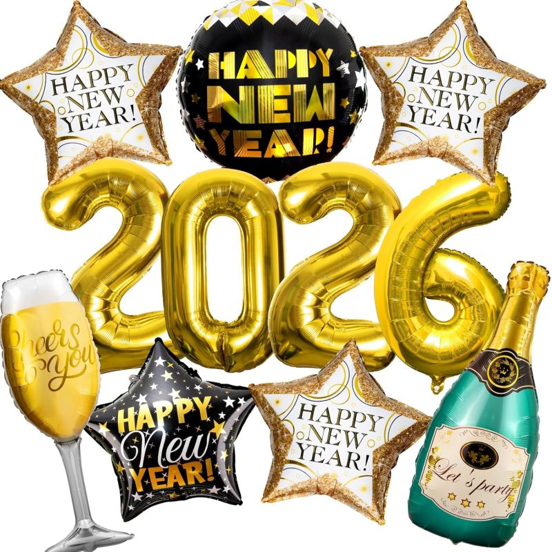 Happy New Year! Aluminum foil balloons, wine bottles, New Year's party decorations