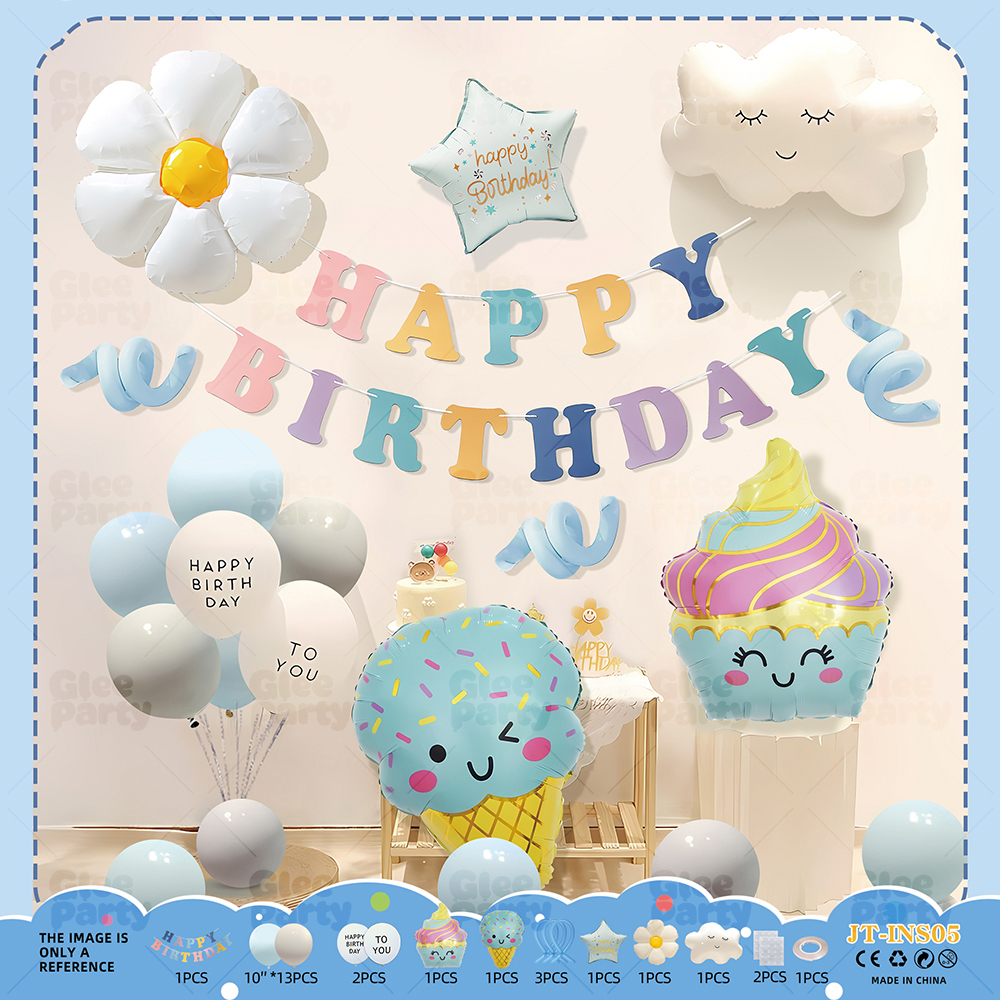 Blue birthday display with flower and character-shaped decorations