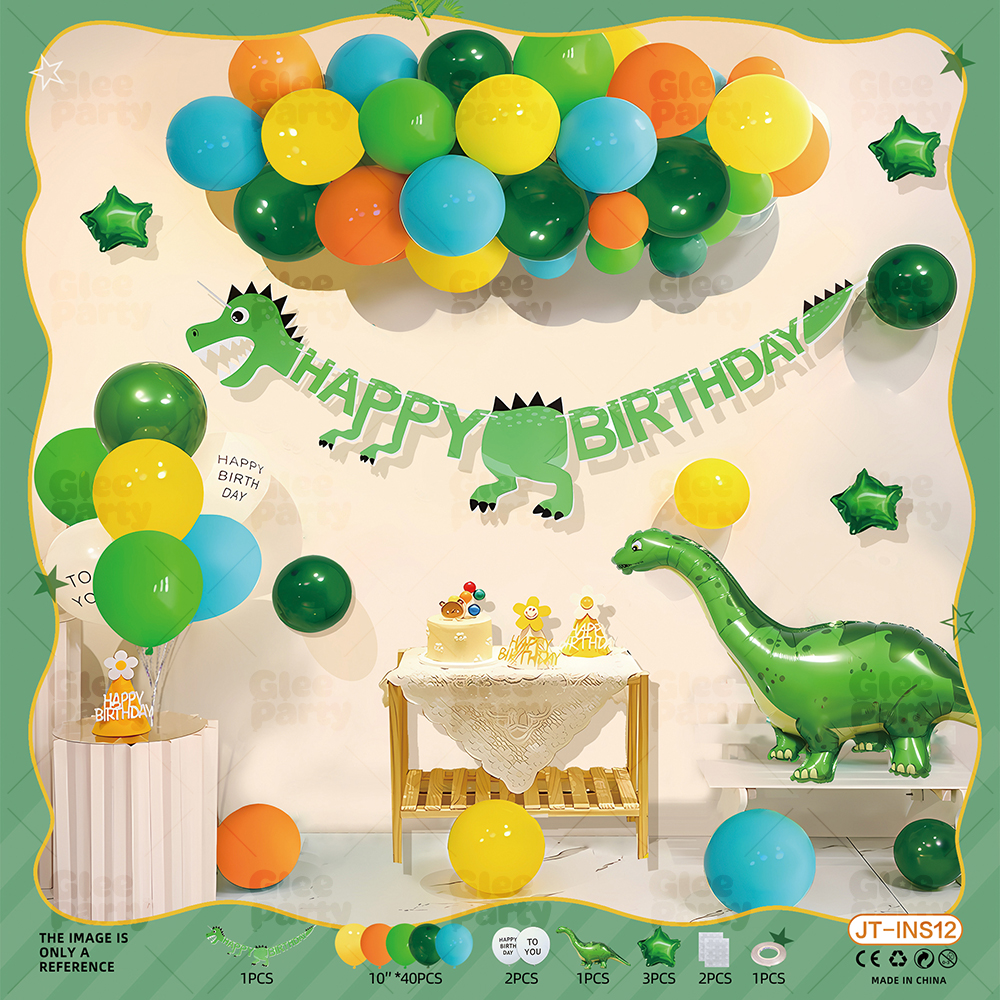 Green dinosaur-themed birthday display with balloons and a banner