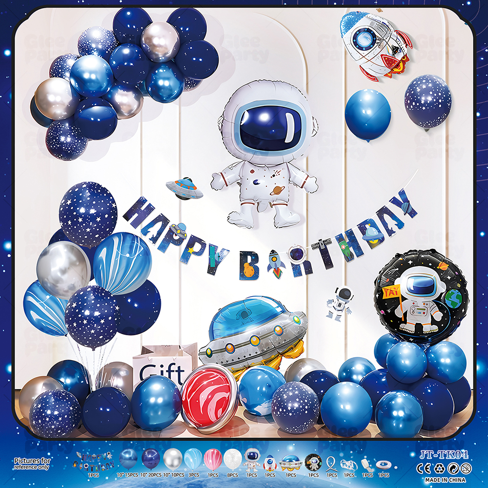 Astronaut centered space birthday arrangement with a blue balloon arch and supporting planetary decorations