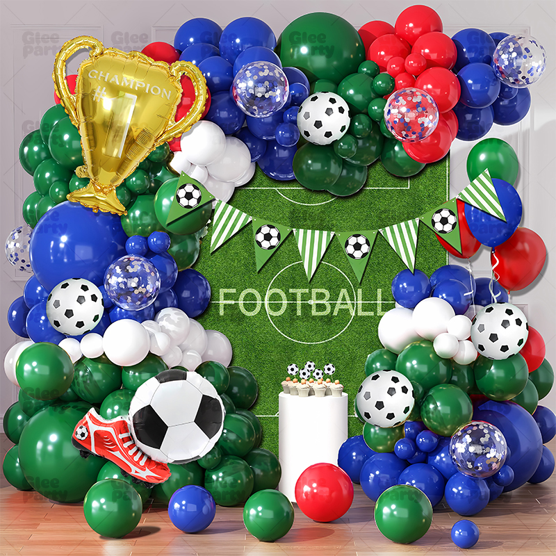 Football-themed balloon display with flags and ball motifs