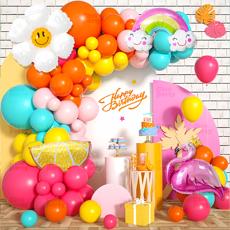 Tropical party display with colorful balloons and themed focal shapes