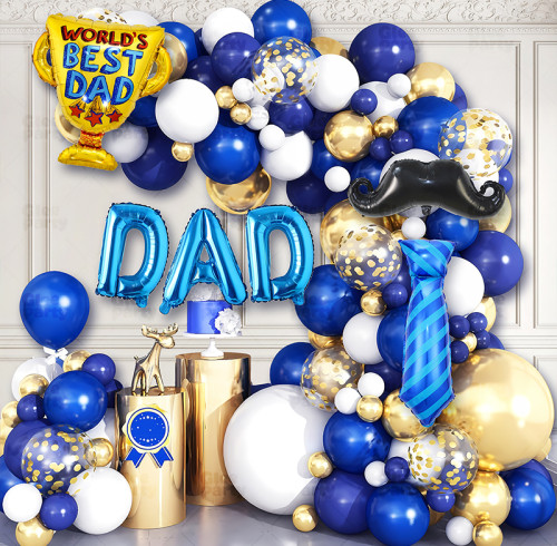 Father's Day balloon arch, navy blue metal and gold, and light blue balloon set