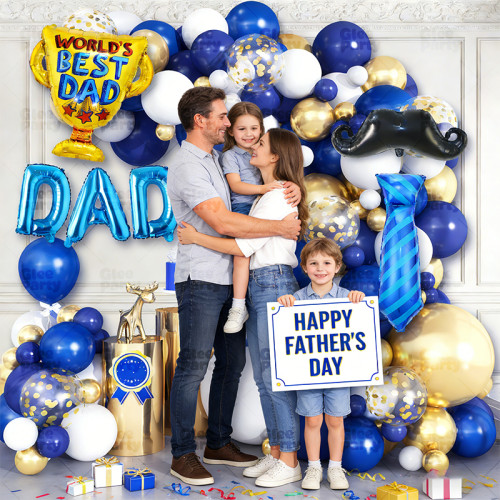 Father's Day balloon arch, navy blue metal and gold, and light blue balloon set