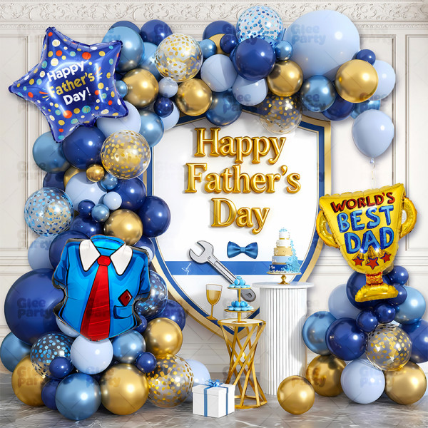 Father's Day balloon arch, navy blue metal and gold, and light blue balloon set