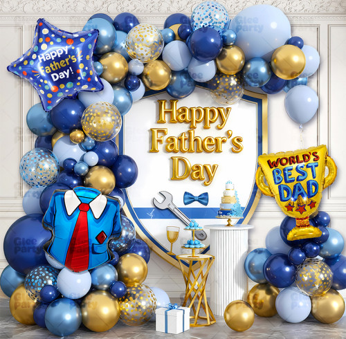 Father's Day balloon arch, navy blue metal and gold, and light blue balloon set