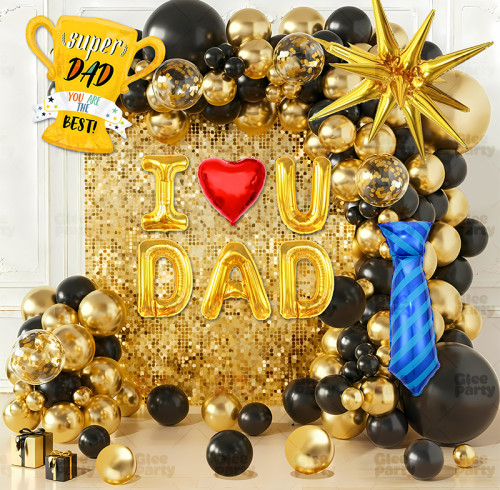 Father's Day balloon arch, navy blue metal and gold, and light blue balloon set