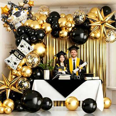 Black Gold Graduation Balloon Arch Kit, Congrats Grad Backdrop Party Decoration Set