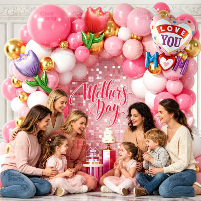 Mother's Day Pink Balloon Arch Kit with Flower & LOVE YOU Heart Decoration Party Set