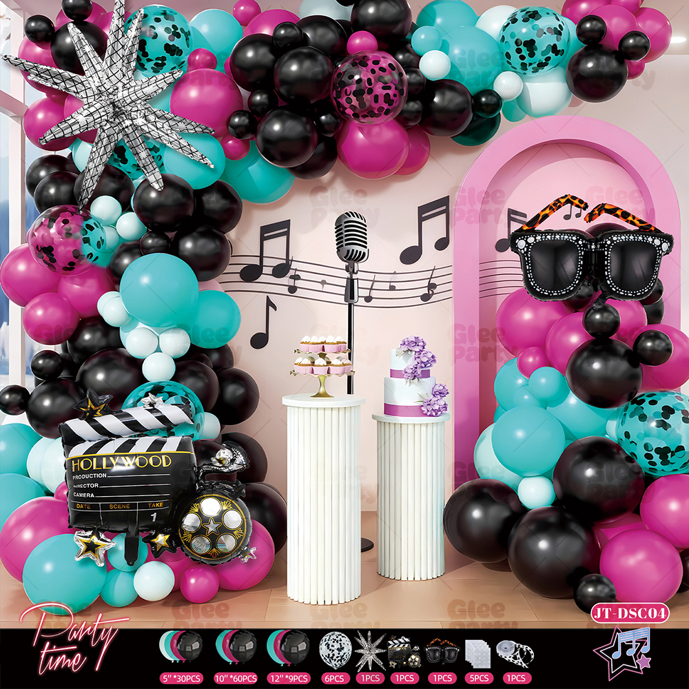 Black teal and pink disco party arrangement with silver patterned accents and music decorations