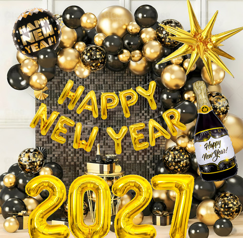 2027 New Year Decorations Gold Black Balloon Arch Kit Happy New Year Party Kit Wholesale