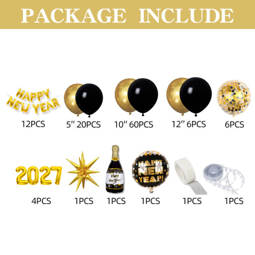2027 New Year Decorations Gold Black Balloon Arch Kit Happy New Year Party Kit Wholesale