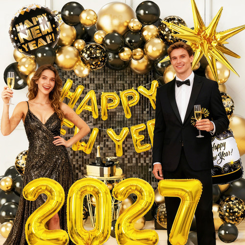 2027 New Year Decorations Gold Black Balloon Arch Kit Happy New Year Party Kit Wholesale