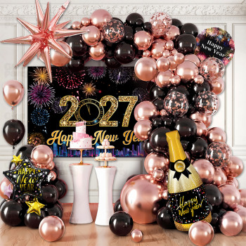 2027 New Year Balloon Kit Rose Gold Black Champagne Balloon Arch Decoration Set Wholesale