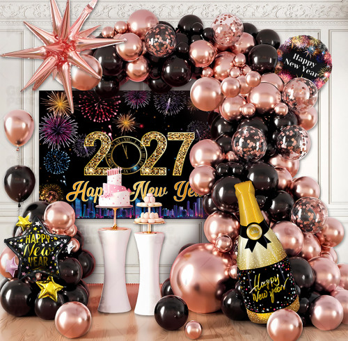 2027 New Year Balloon Kit Rose Gold Black Champagne Balloon Arch Decoration Set Wholesale
