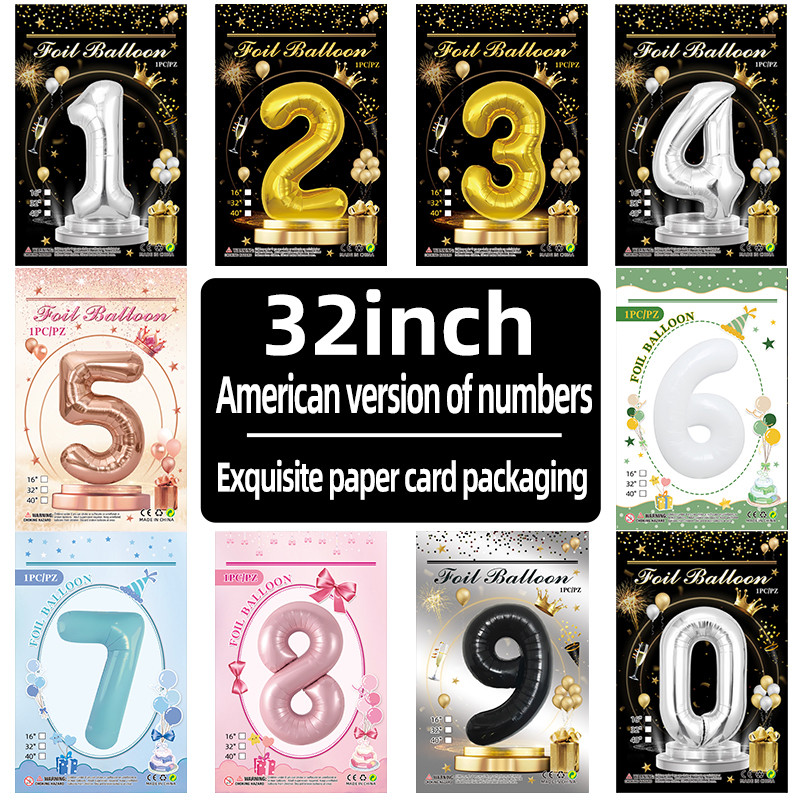 32 Inch Silver Number Foil Balloon With Paper Card Packaging For Birthday Party Decoration