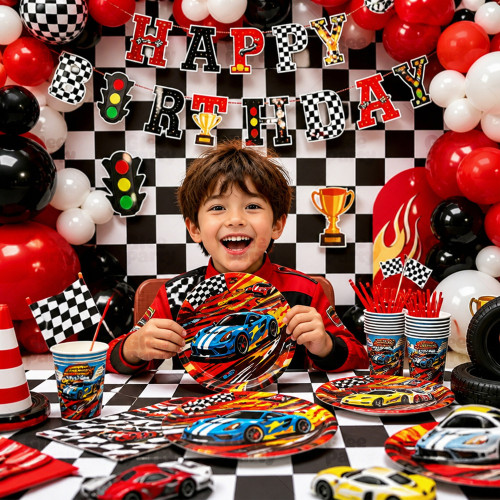 Race Car Party Supplies Racing Car Birthday Disposable Tableware Set Plates Cups Napkins Cutlery For Boys Party Decor