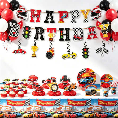 Race Car Party Supplies Racing Car Birthday Disposable Tableware Set Plates Cups Napkins Cutlery For Boys Party Decor