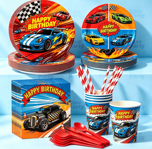 Race Car Party Supplies Racing Car Birthday Disposable Tableware Set Plates Cups Napkins Cutlery For Boys Party Decor