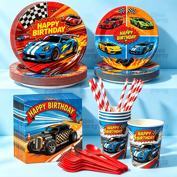 Race Car Party Supplies Racing Car Birthday Disposable Tableware Set Plates Cups Napkins Cutlery For Boys Party Decor