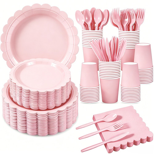 Solid Color Disposable Party Tableware Set 175Pcs Paper Plates Cups Napkins Cutlery For 25 Guests, Custom Logo Available