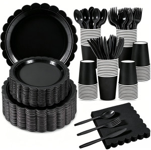 Solid Color Disposable Party Tableware Set 175Pcs Paper Plates Cups Napkins Cutlery For 25 Guests