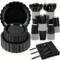 Solid Color Disposable Party Tableware Set 175Pcs Paper Plates Cups Napkins Cutlery For 25 Guests, Custom Logo Available