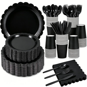 Solid Color Disposable Party Tableware Set 175Pcs Paper Plates Cups Napkins Cutlery For 25 Guests, Custom Logo Available