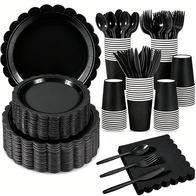 Solid Color Disposable Party Tableware Set 175Pcs Paper Plates Cups Napkins Cutlery For 25 Guests, Custom Logo Available