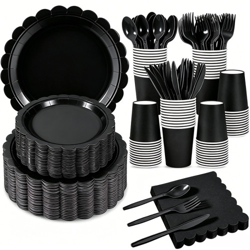 Solid Color Disposable Party Tableware Set 175Pcs Paper Plates Cups Napkins Cutlery For 25 Guests, Custom Logo Available