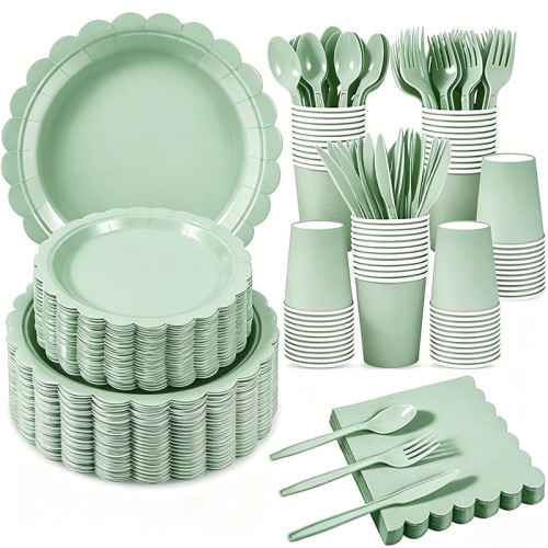 Solid Color Disposable Party Tableware Set 175Pcs Paper Plates Cups Napkins Cutlery For 25 Guests, Custom Logo Available