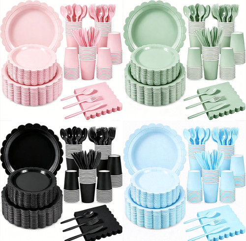 Solid Color Disposable Party Tableware Set 175Pcs Paper Plates Cups Napkins Cutlery For 25 Guests, Custom Logo Available