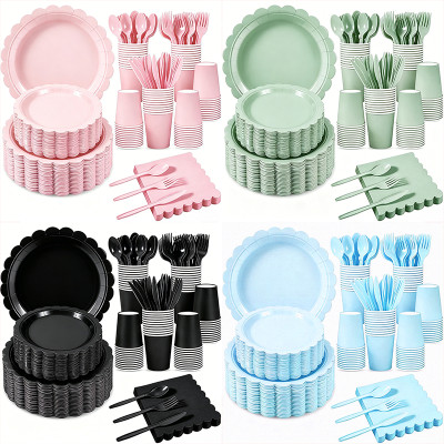 Solid Color Disposable Party Tableware Set 175Pcs Paper Plates Cups Napkins Cutlery For 25 Guests, Custom Logo Available