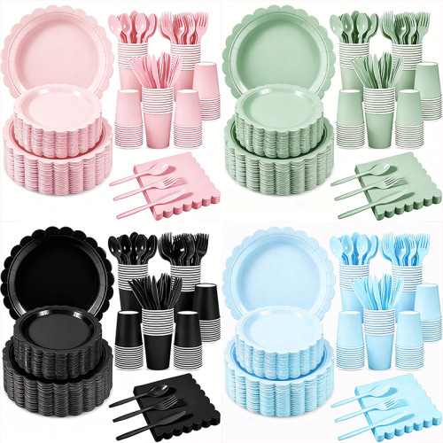 Solid Color Disposable Party Tableware Set 175Pcs Paper Plates Cups Napkins Cutlery For 25 Guests, Custom Logo Available