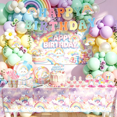 Cute Rainbow Party Tableware Set, Cloud Print Paper Plates Cups Napkins Cutlery Straw