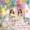 Cute Rainbow Party Tableware Set, Cloud Print Paper Plates Cups Napkins Cutlery Straw For Kids Birthday