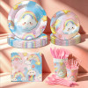 Cute Rainbow Party Tableware Set, Cloud Print Paper Plates Cups Napkins Cutlery Straw For Kids Birthday