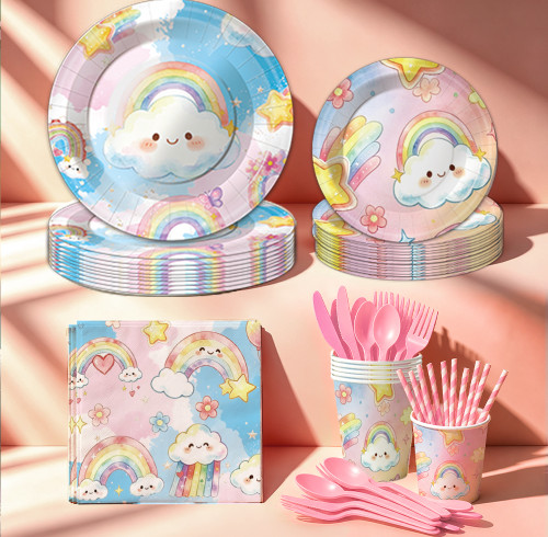 Cute Rainbow Party Tableware Set, Cloud Print Paper Plates Cups Napkins Cutlery Straw For Kids Birthday