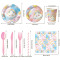 Cute Rainbow Party Tableware Set, Cloud Print Paper Plates Cups Napkins Cutlery Straw