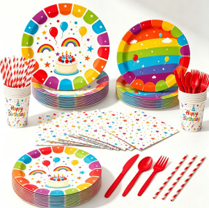 Rainbow Birthday Party Supplies Disposable Plates Cups Napkins Cutlery Straw